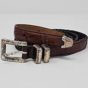 BRIGHTON BROWN MIXED PATTERN WOVEN BELT SILVER BUCKLE WOMEN LARGE 34 UNISEX